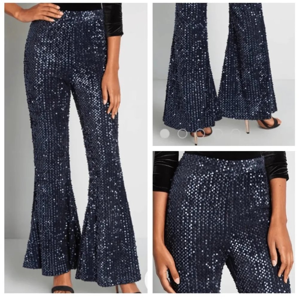 Collectif Bright & Beautiful Julie Blue Sequin Trousers Flare leg/Bell bottoms